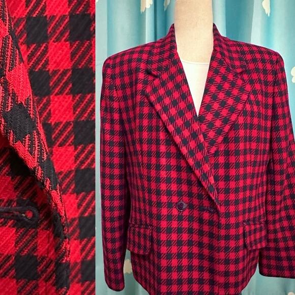 Vintage red and navy checked plaid double breasted blazer. 12 - Picture 10 of 16